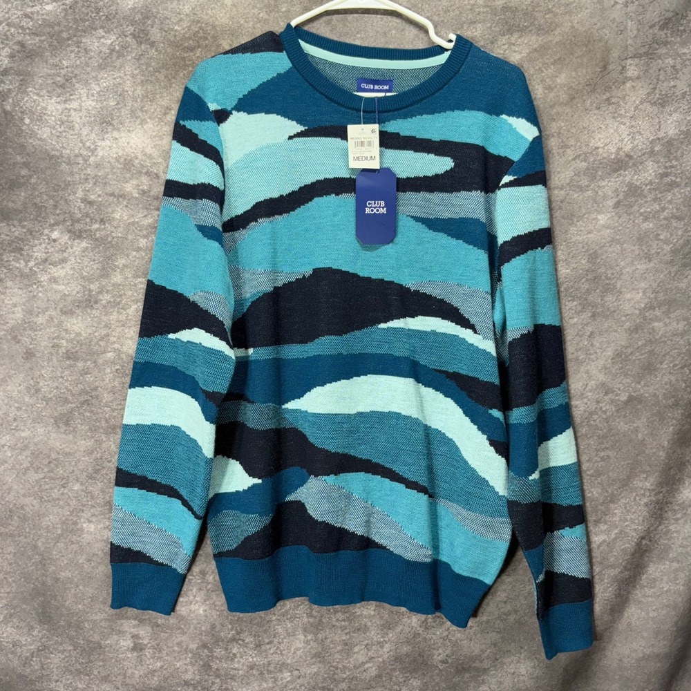 Club Room Men's Pattern Merino Wool Sweater Size M Teal Blue Abstract Pullover